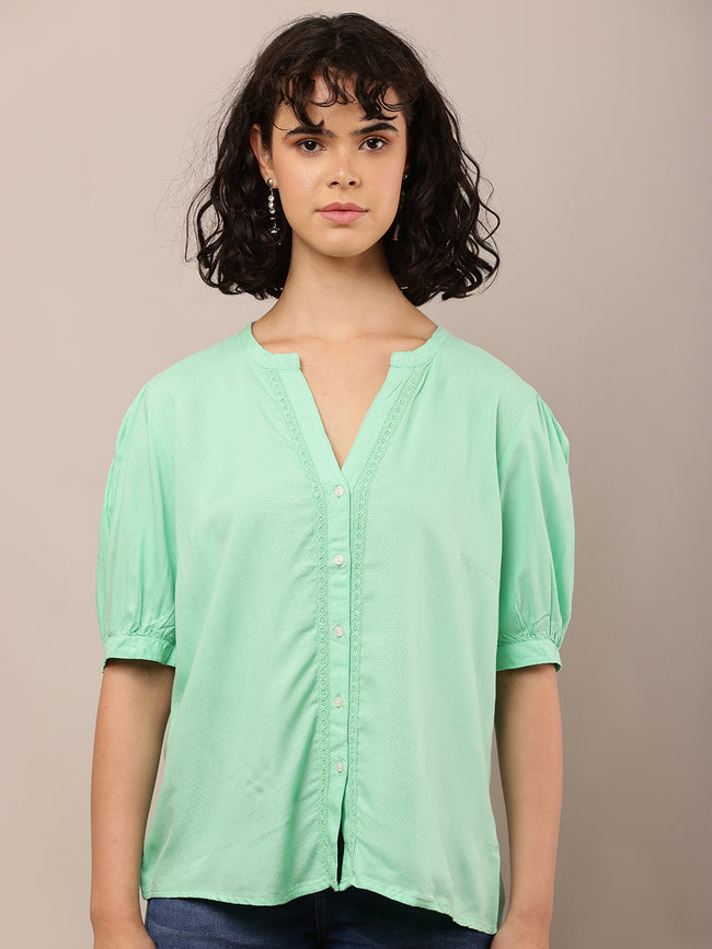Women Green V-Neck Short Sleeve Top
