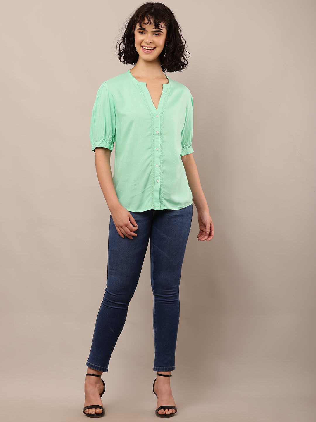 Women Green V-Neck Short Sleeve Top