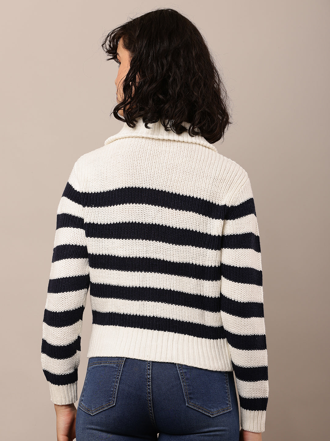Women Striped Shirt Collar White Black Sweater