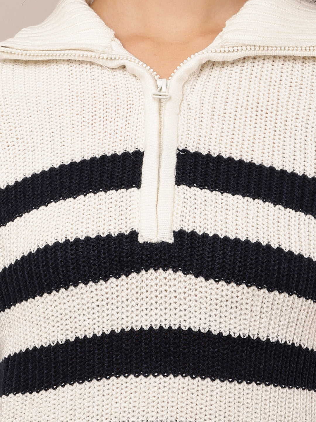 Women Striped Shirt Collar White Black Sweater