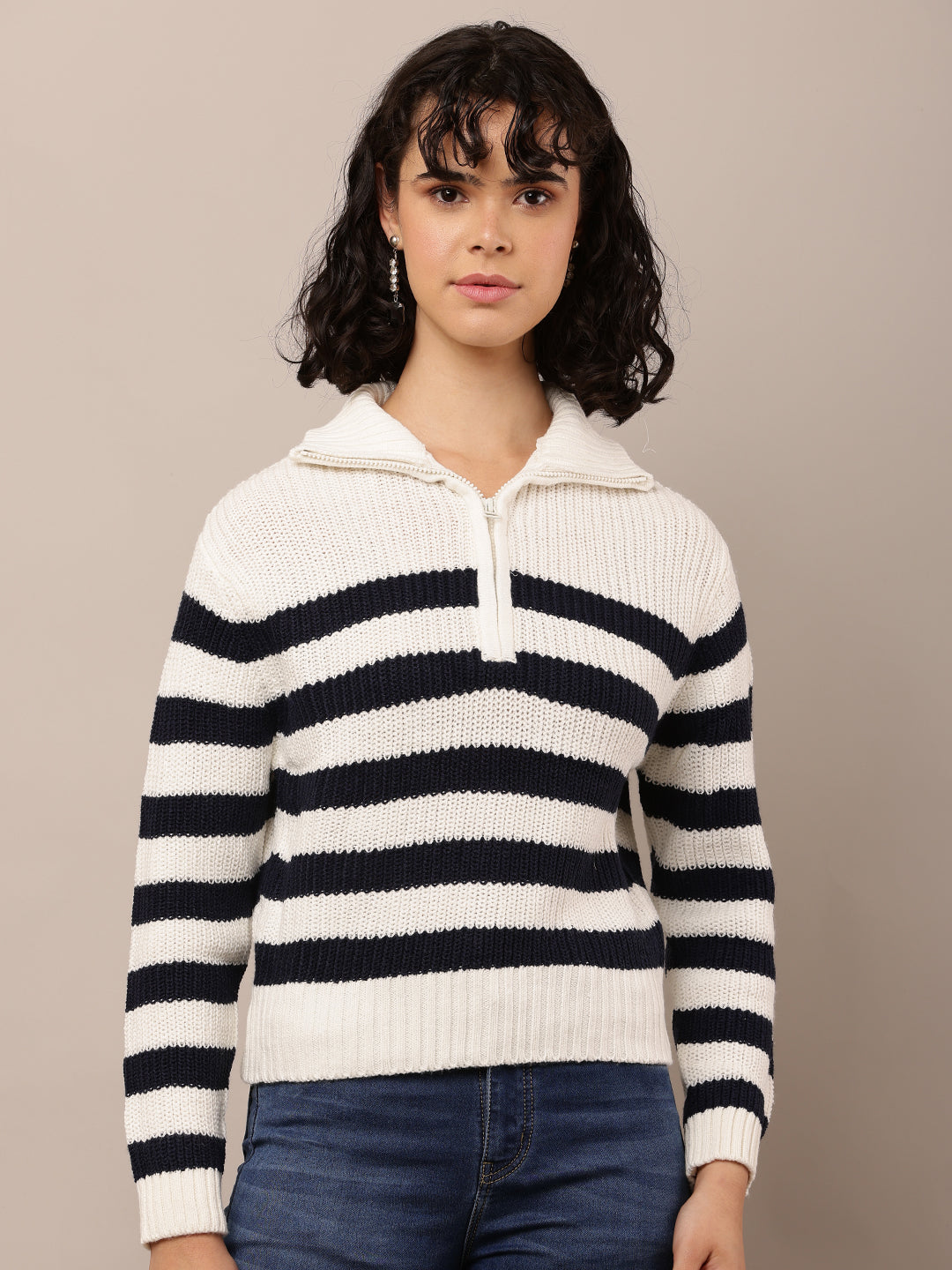Women Striped Shirt Collar White Black Sweater