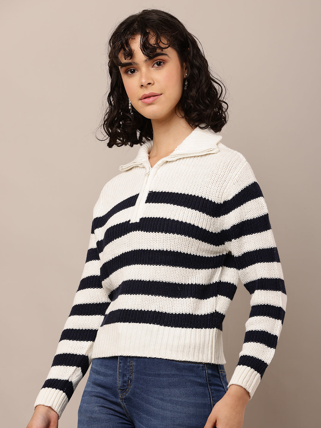 Women Striped Shirt Collar White Black Sweater