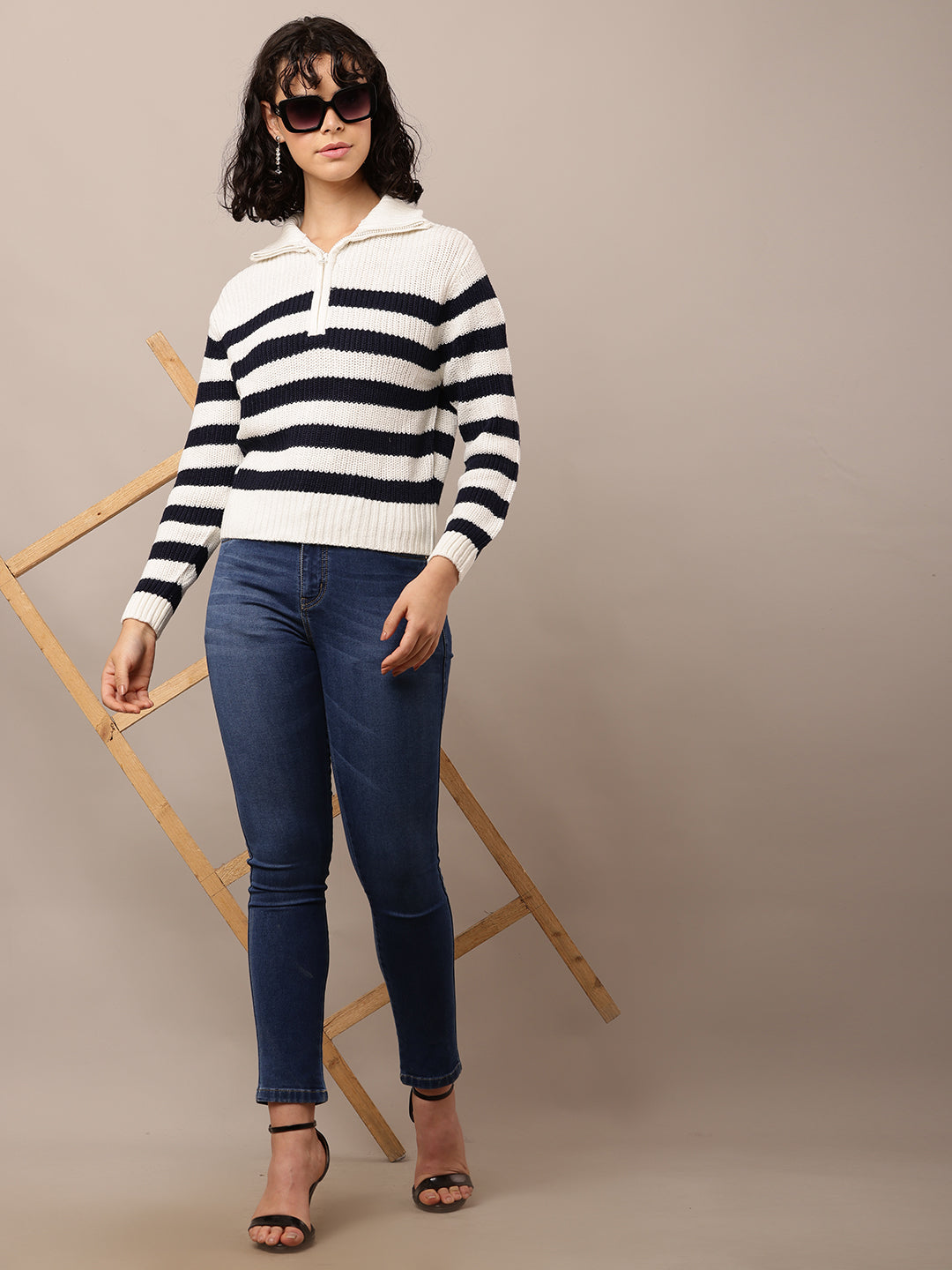 Women Striped Shirt Collar White Black Sweater