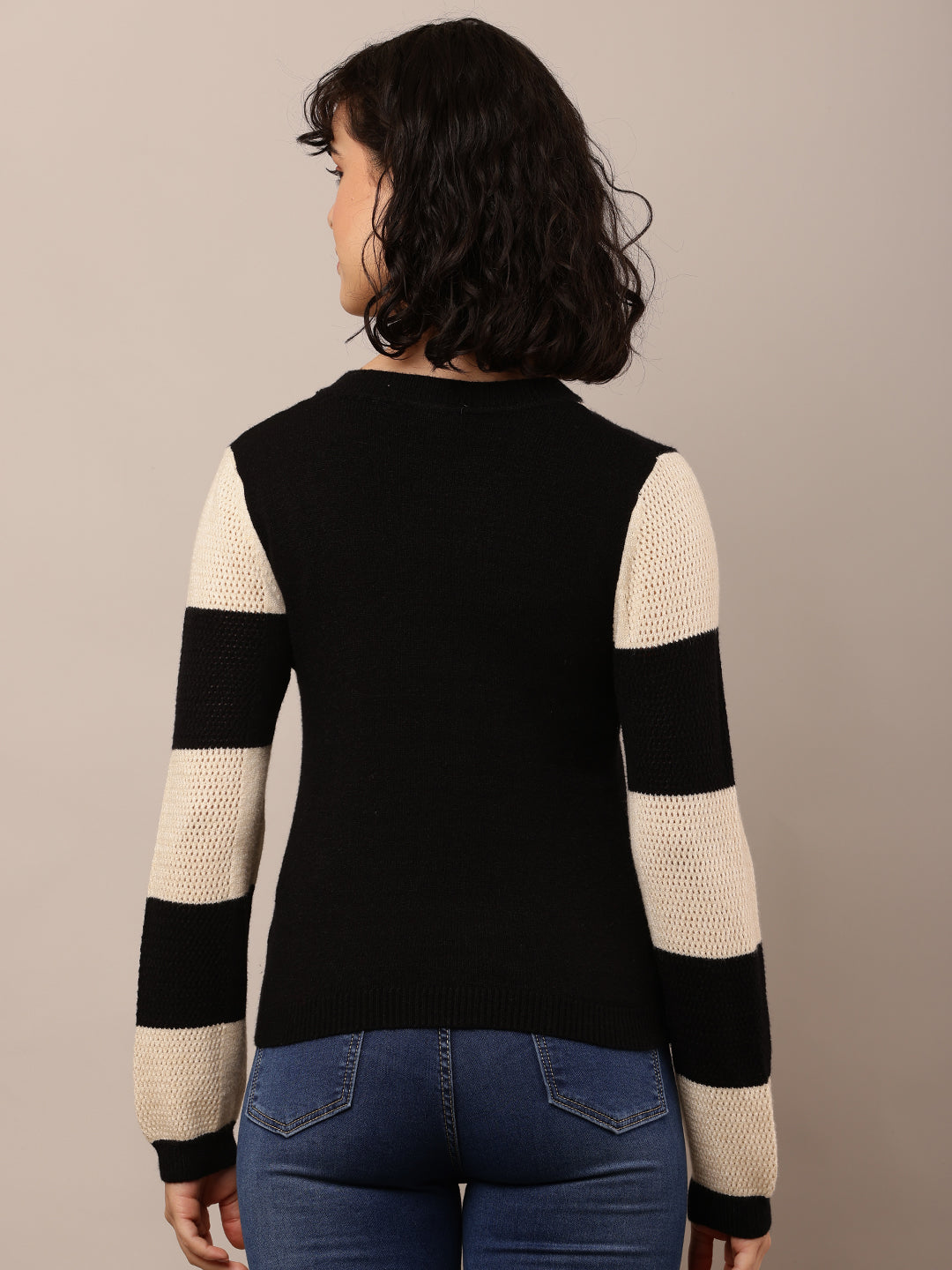 Women Beige & Black Viscose Round Neck Sweater