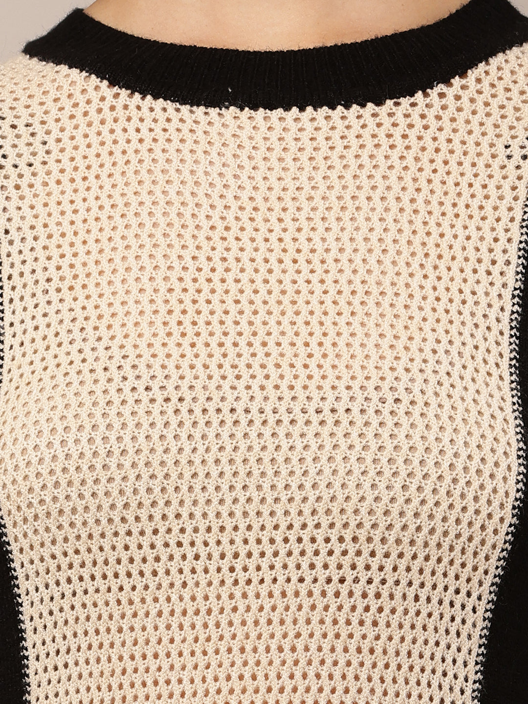 Women Beige & Black Viscose Round Neck Sweater