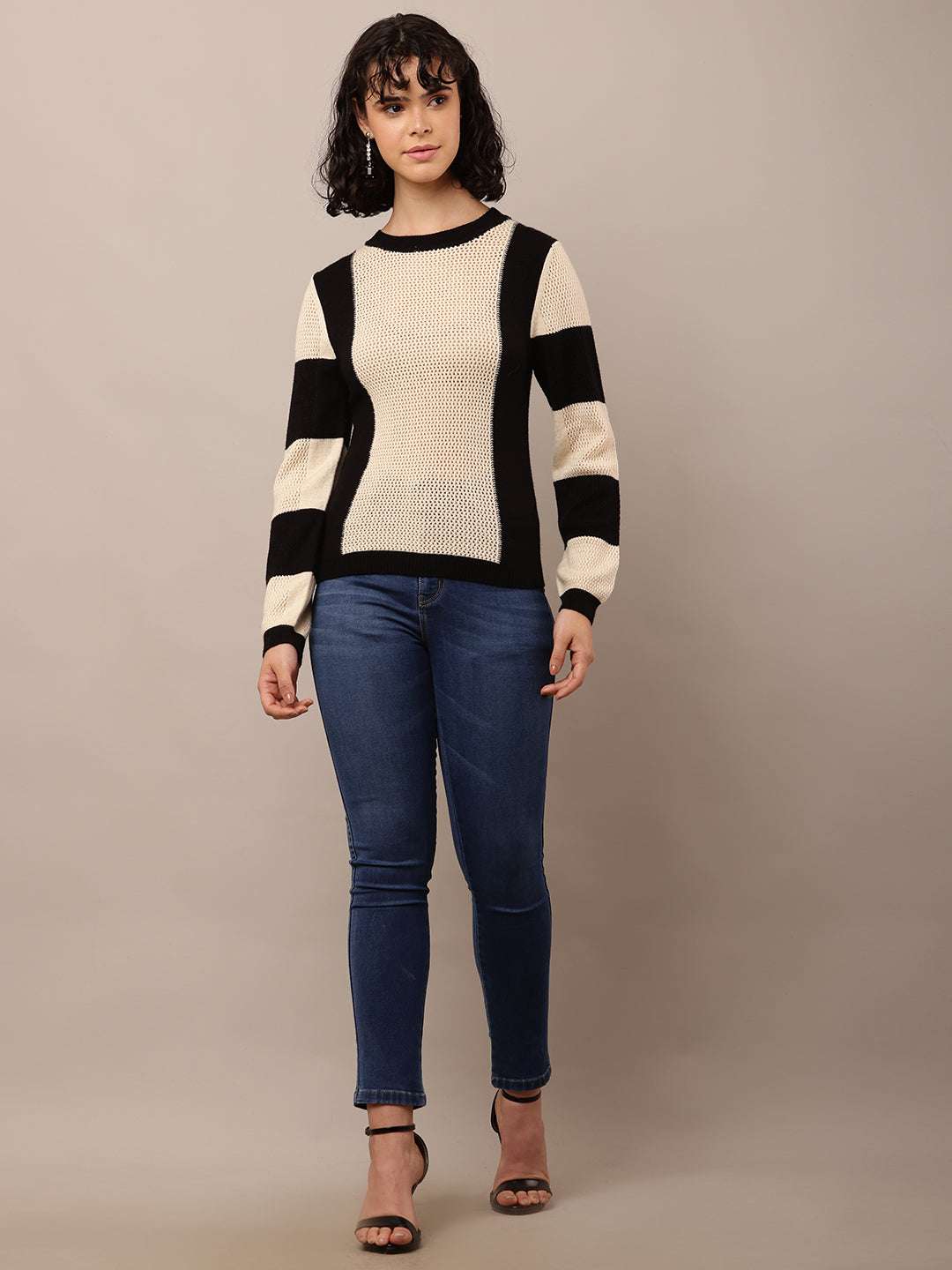 Women Beige & Black Viscose Round Neck Sweater