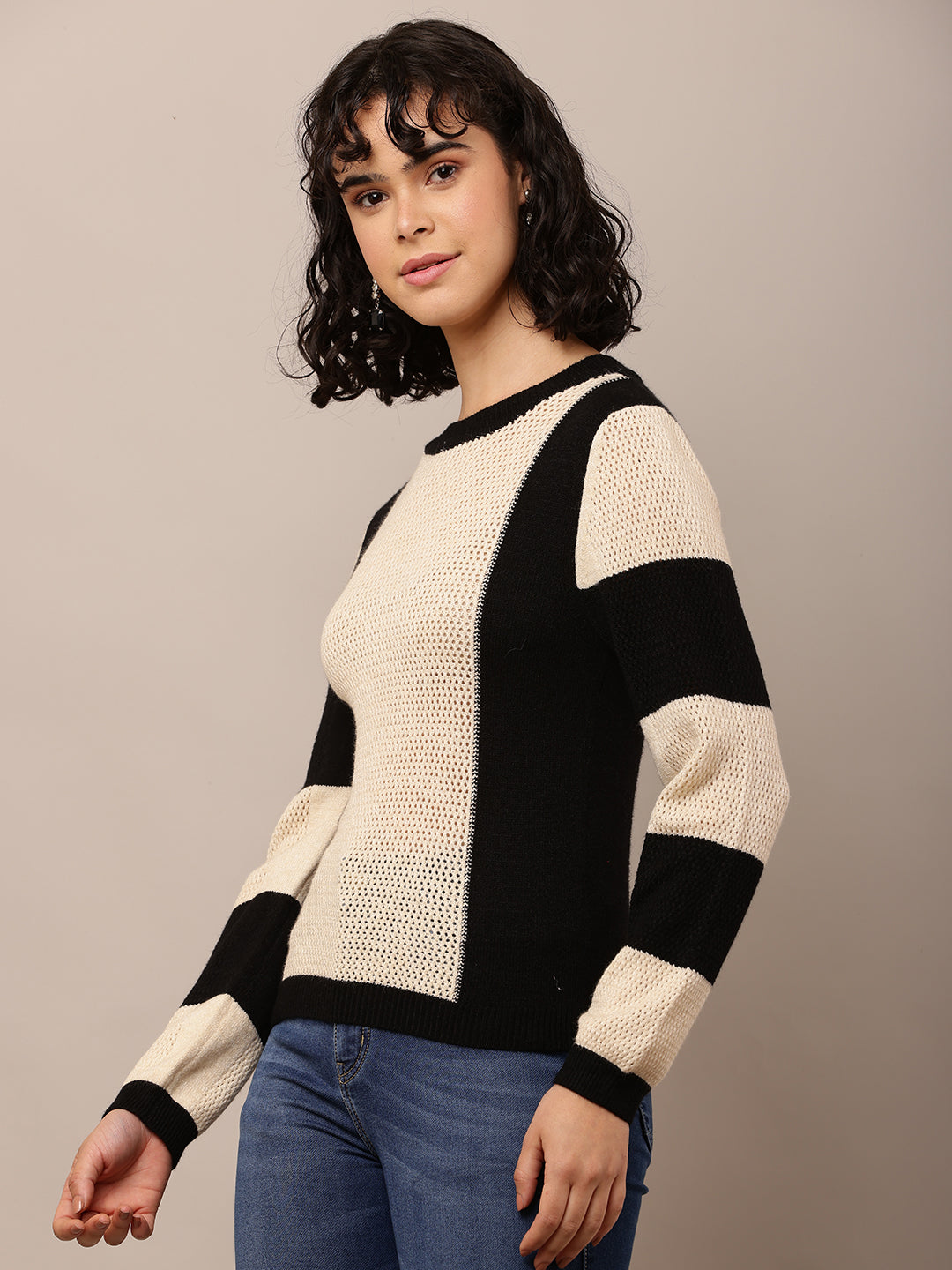 Women Beige & Black Viscose Round Neck Sweater
