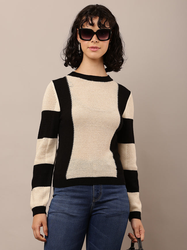 Women Beige & Black Viscose Round Neck Sweater