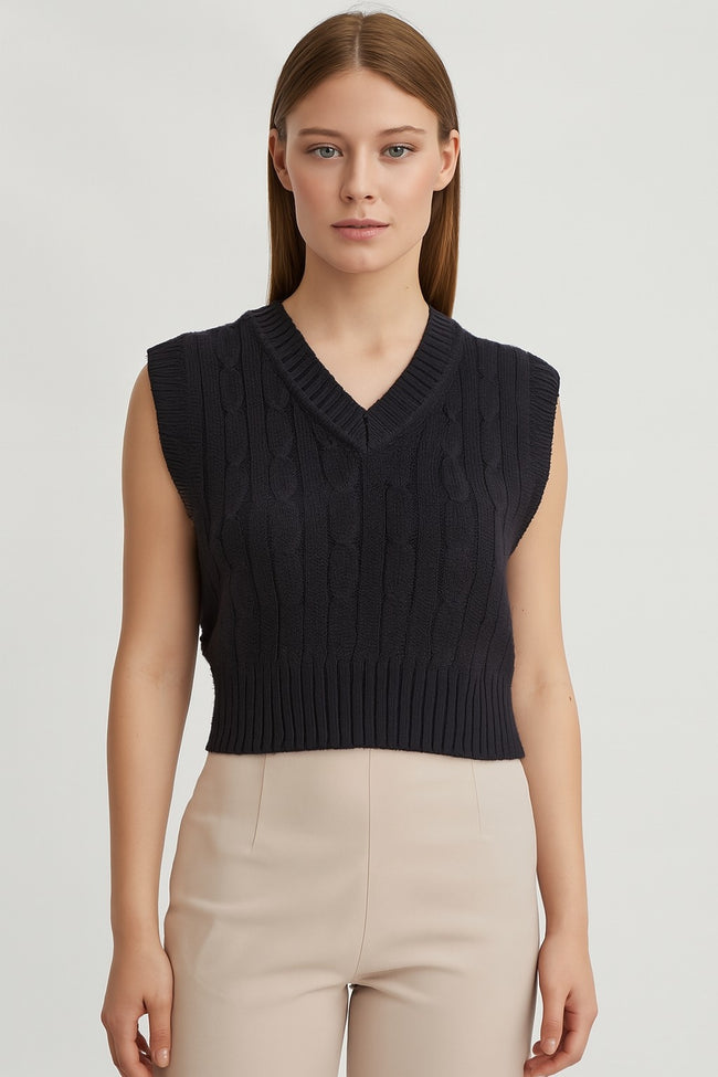 Women Acrylic Sleeveless with V-Neck Cable knit Blue Sweater Vest