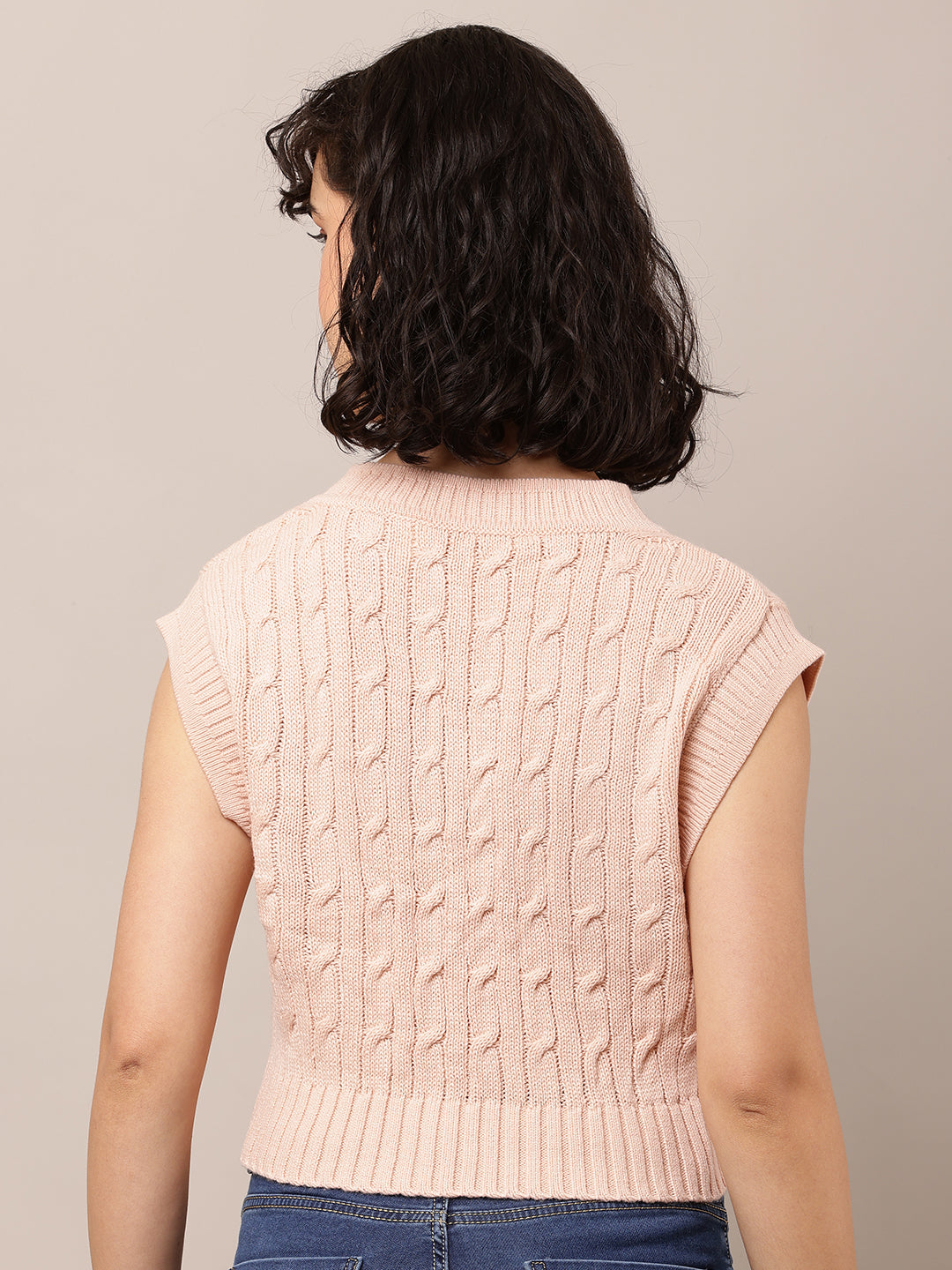 Women Pink Cable Knit V-Neck Sleeveless Vest