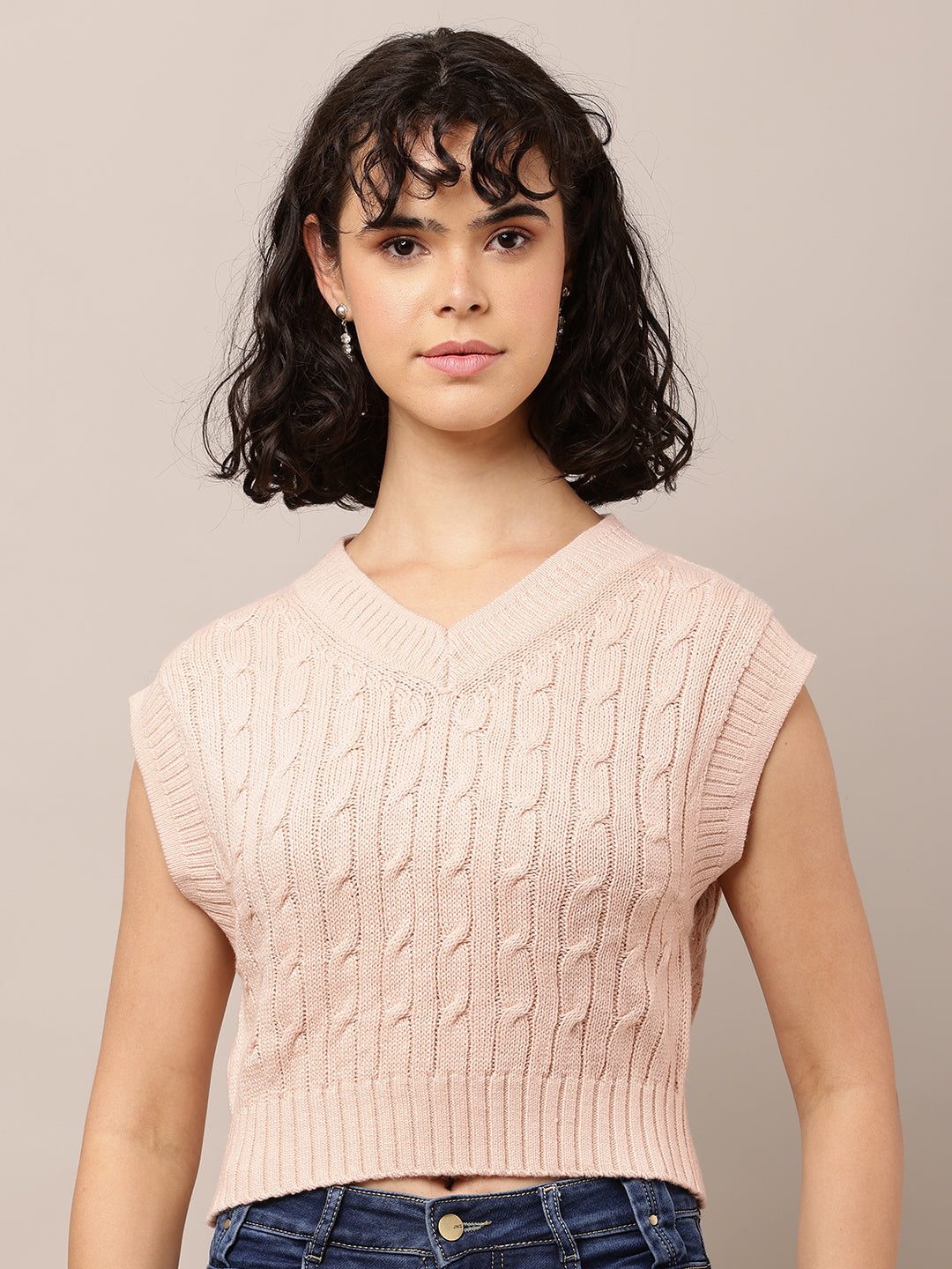 Women Pink Cable Knit V-Neck Sleeveless Vest