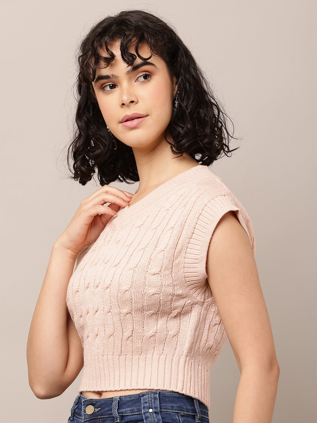 Women Pink Cable Knit V-Neck Sleeveless Vest