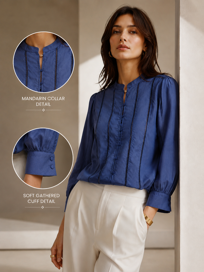 Women Blue Textured Lace Insert Top