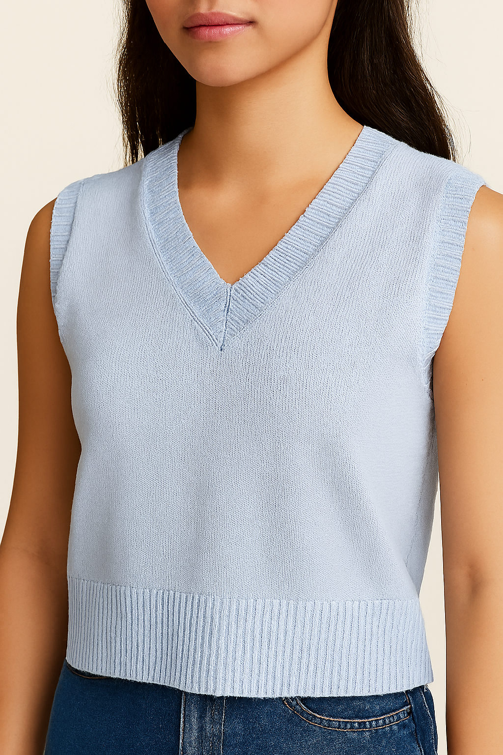 Women Acrylic Sleeveless with V-Neck Blue Solid Sweater Vest