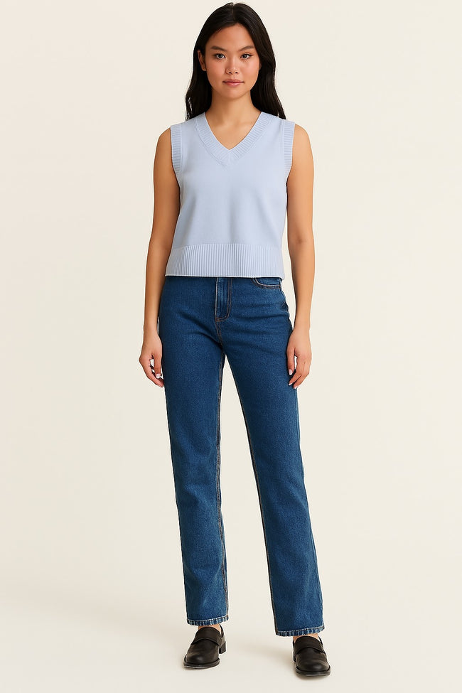 Women Acrylic Sleeveless with V-Neck Blue Solid Sweater Vest