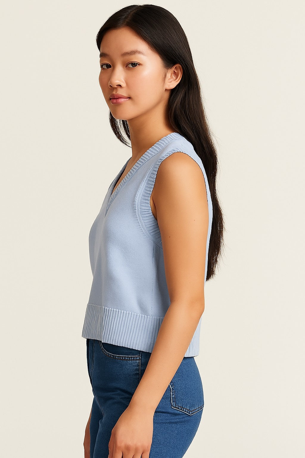 Women Acrylic Sleeveless with V-Neck Blue Solid Sweater Vest