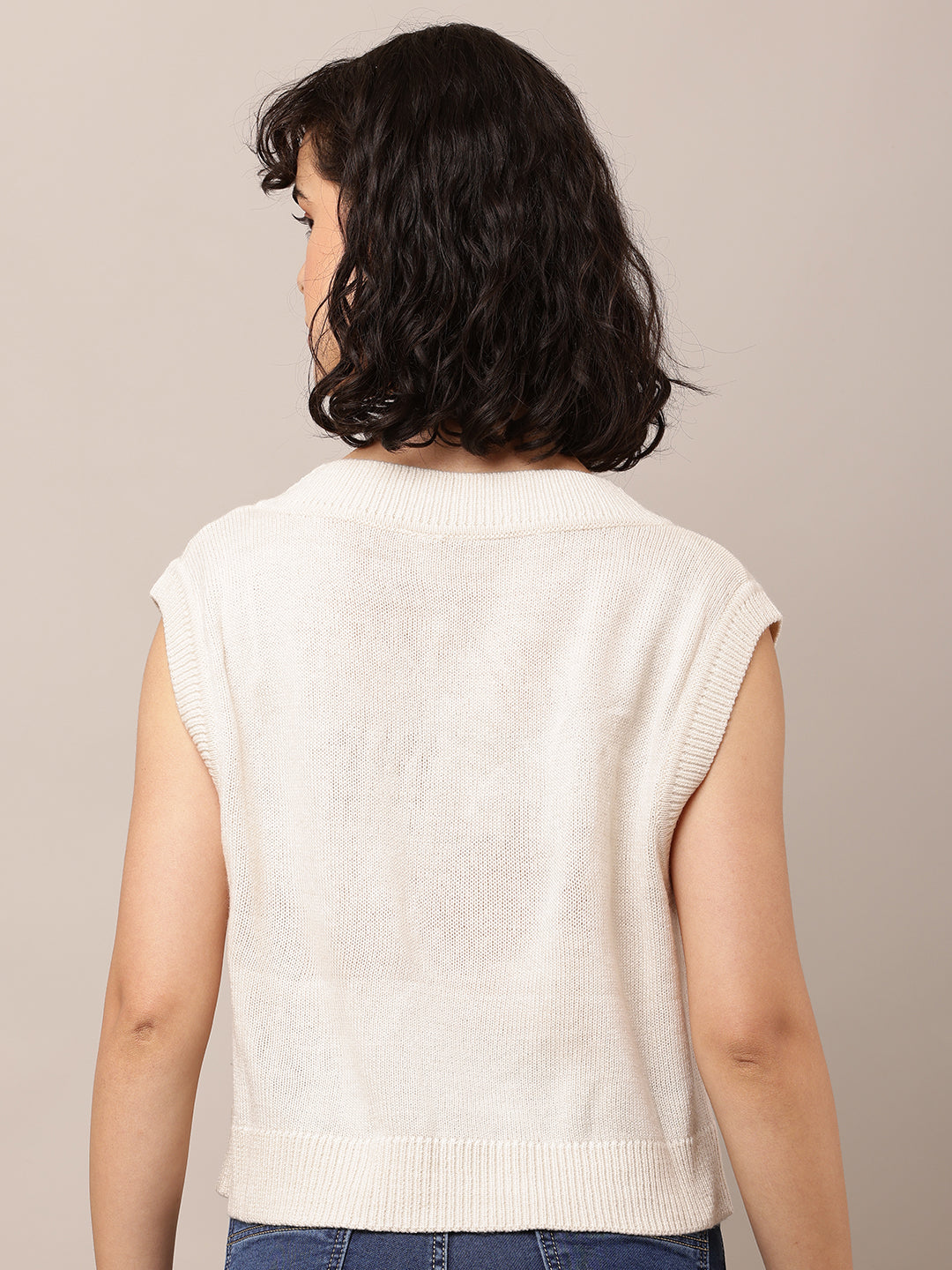 Women Light Cream Solid Sleeveless Vest