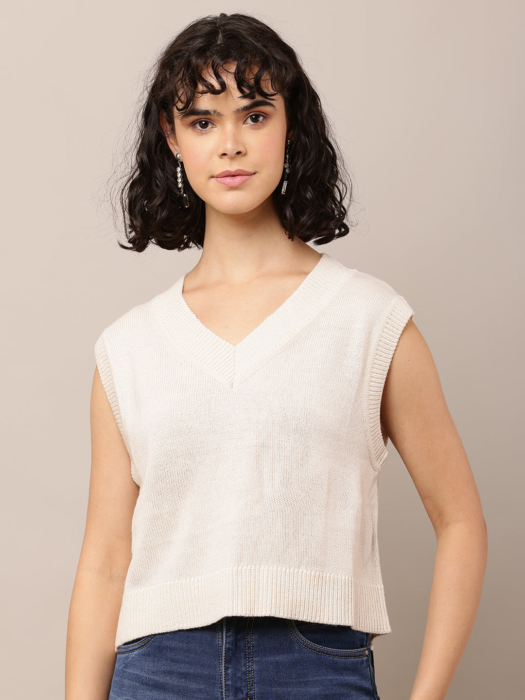 Women Light Cream Solid Sleeveless Vest