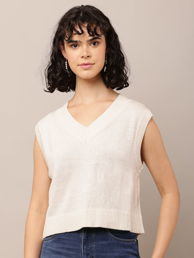 Women Light Cream Solid Sleeveless Vest