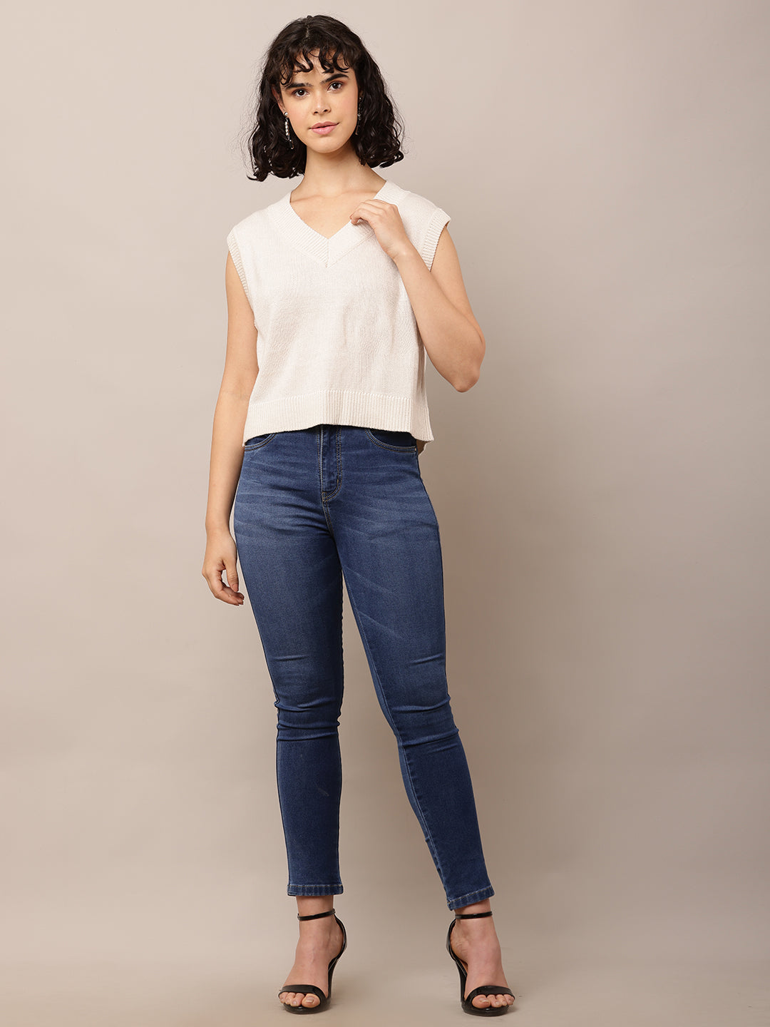 Women Light Cream Solid Sleeveless Vest