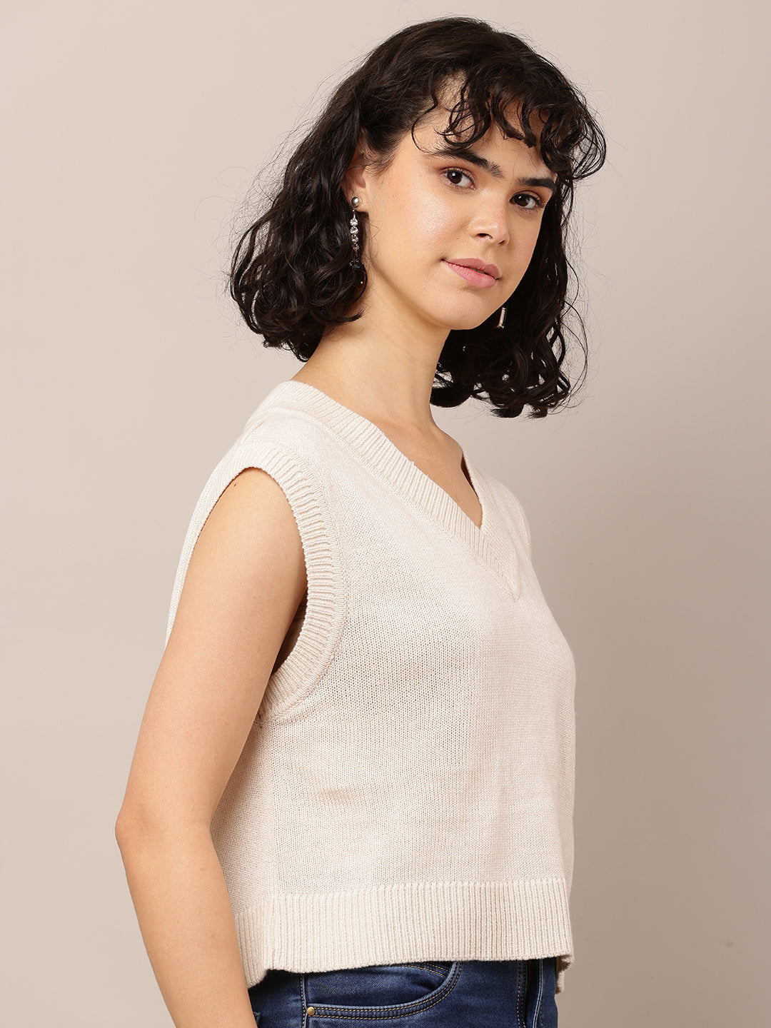 Women Light Cream Solid Sleeveless Vest