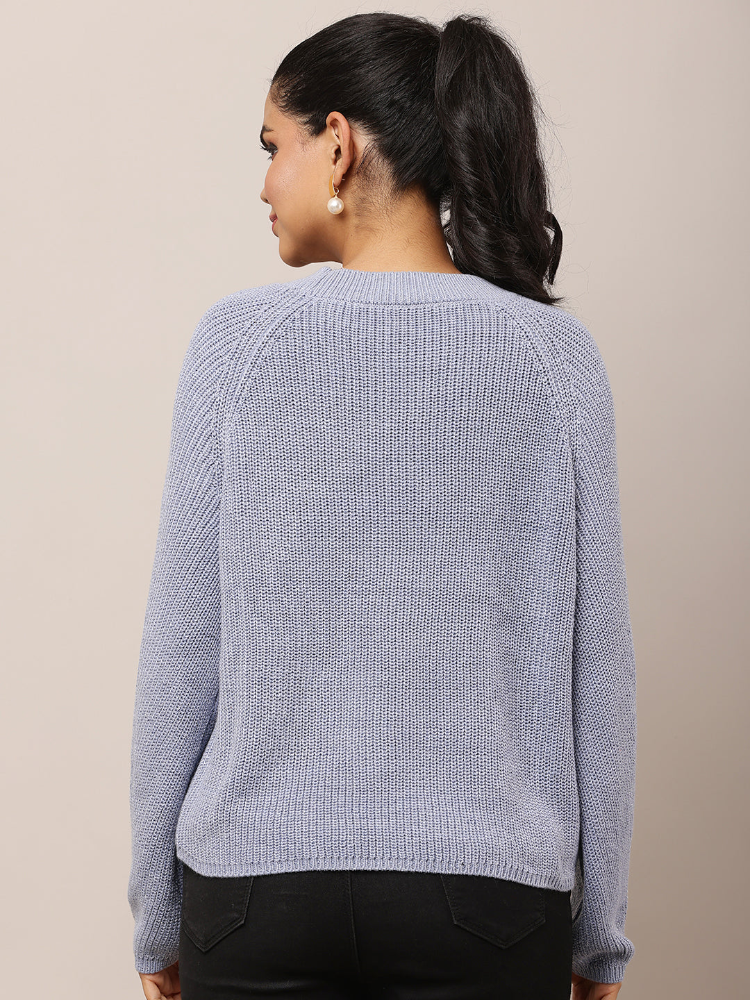Women Blue Cotton Crew Neck Sweater