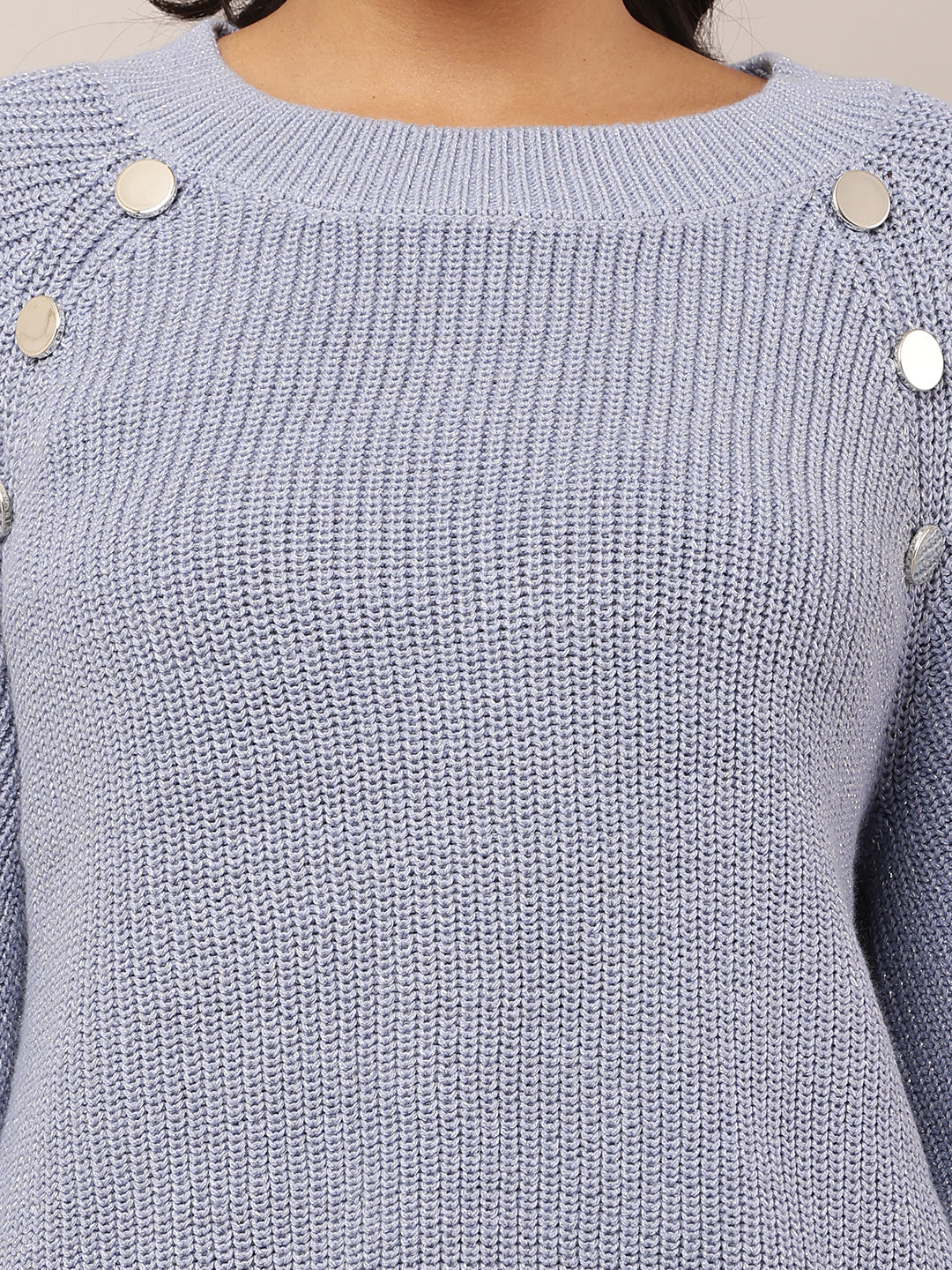 Women Blue Cotton Crew Neck Sweater