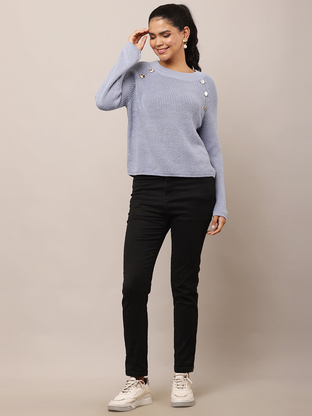 Women Blue Cotton Crew Neck Sweater