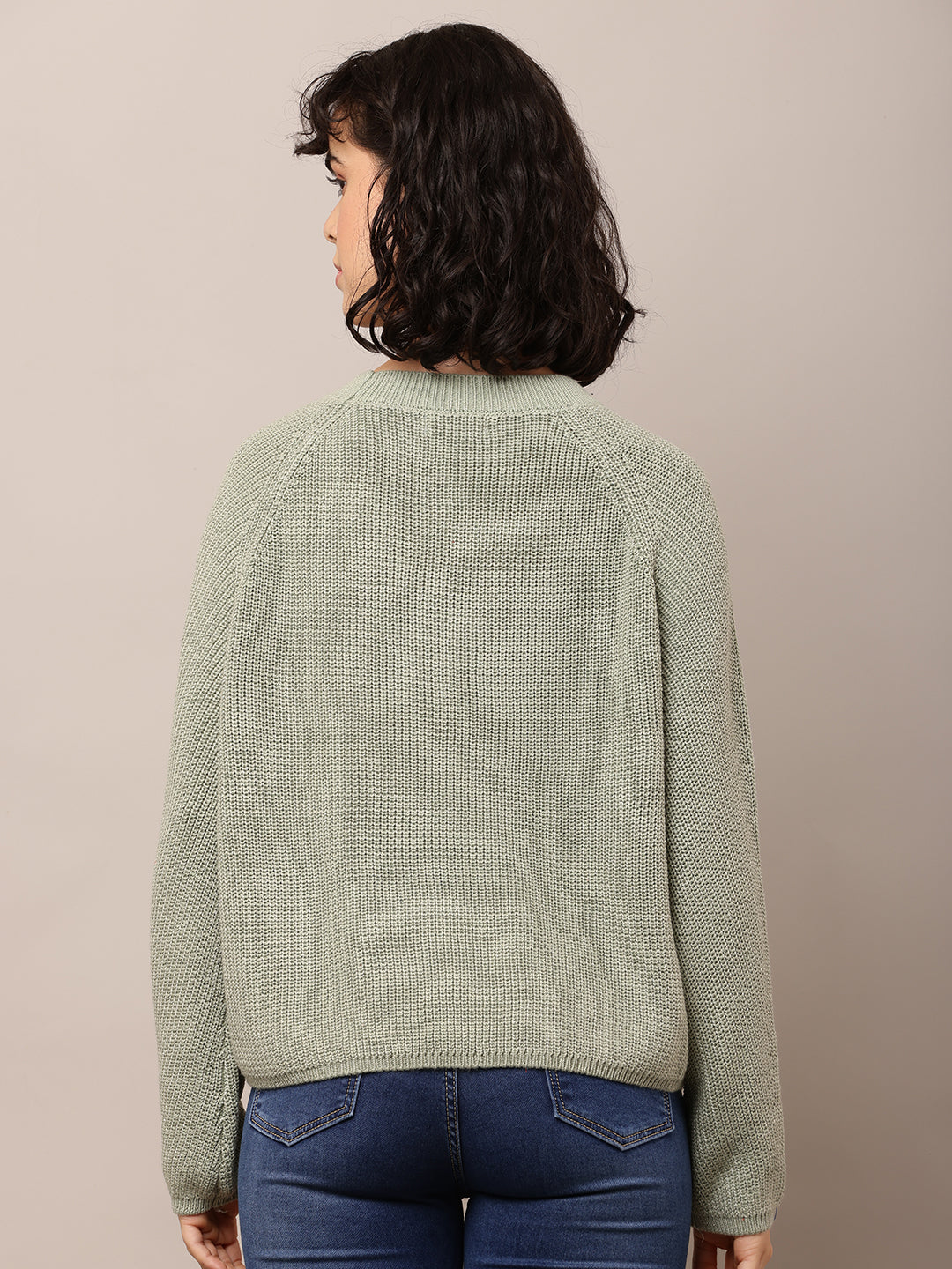 Women Sea Green Cotton Crew Neck Sweater