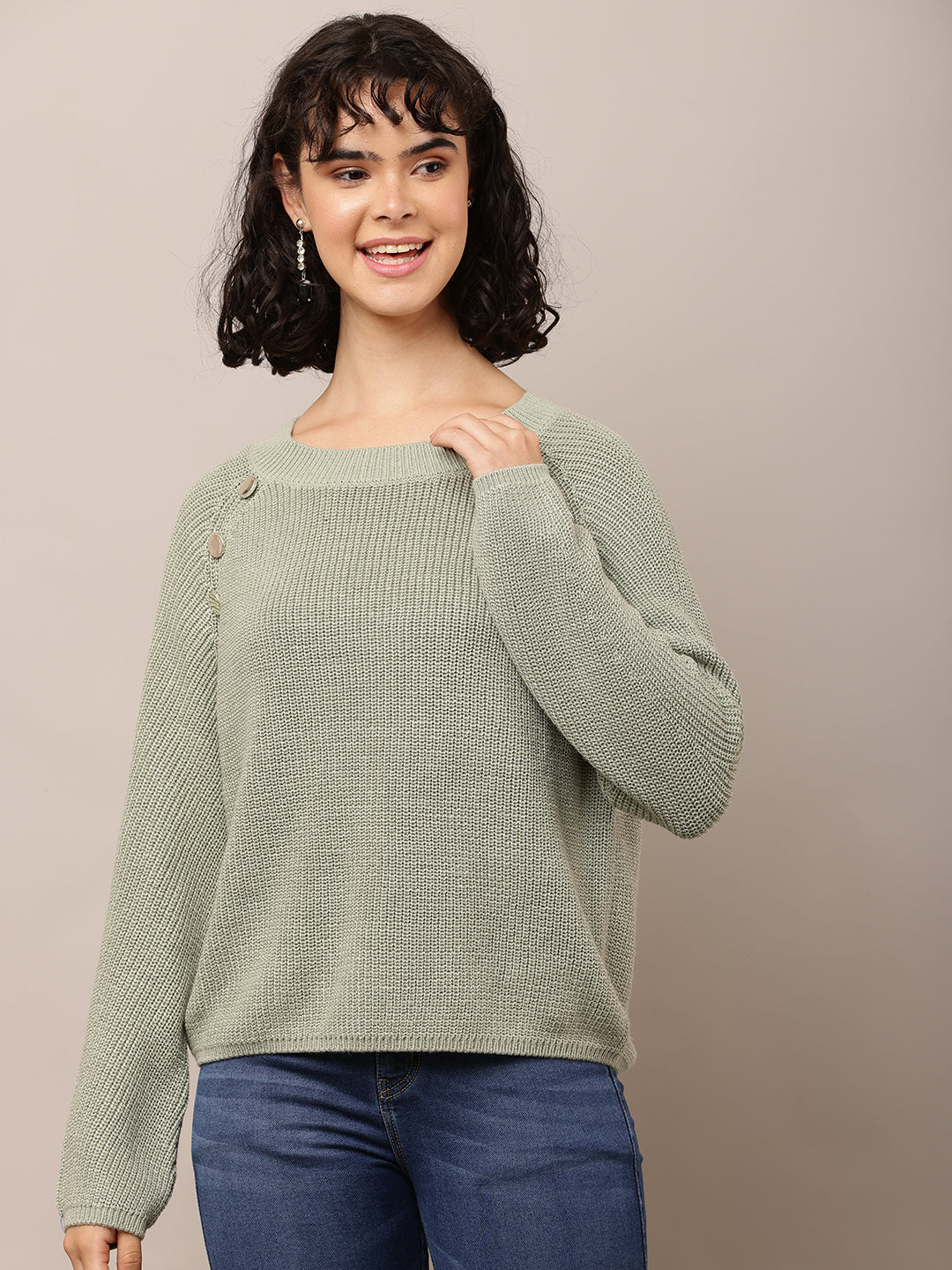 Women Sea Green Cotton Crew Neck Sweater