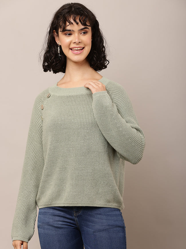 Women Sea Green Cotton Crew Neck Sweater