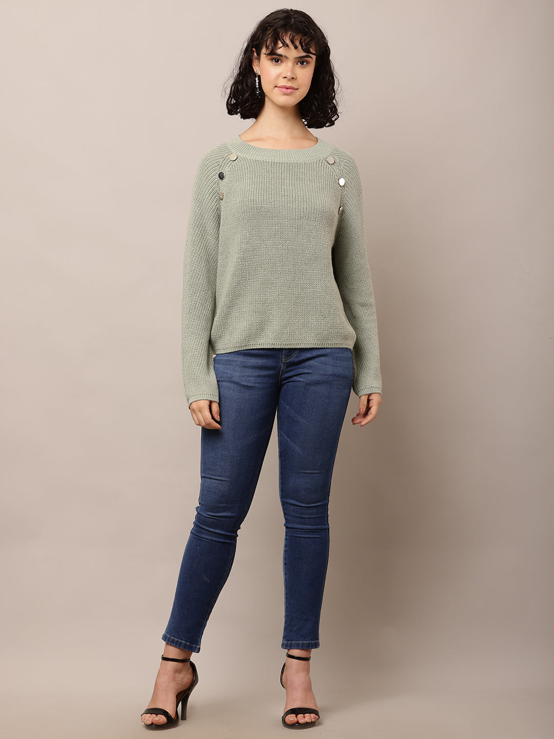 Women Sea Green Cotton Crew Neck Sweater