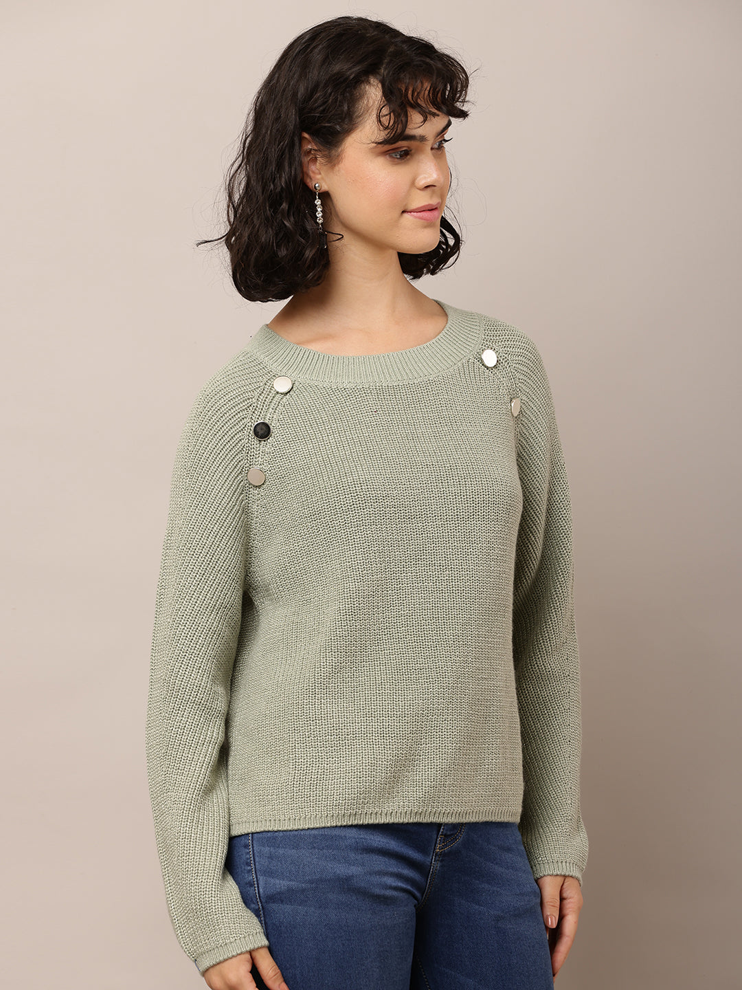 Women Sea Green Cotton Crew Neck Sweater