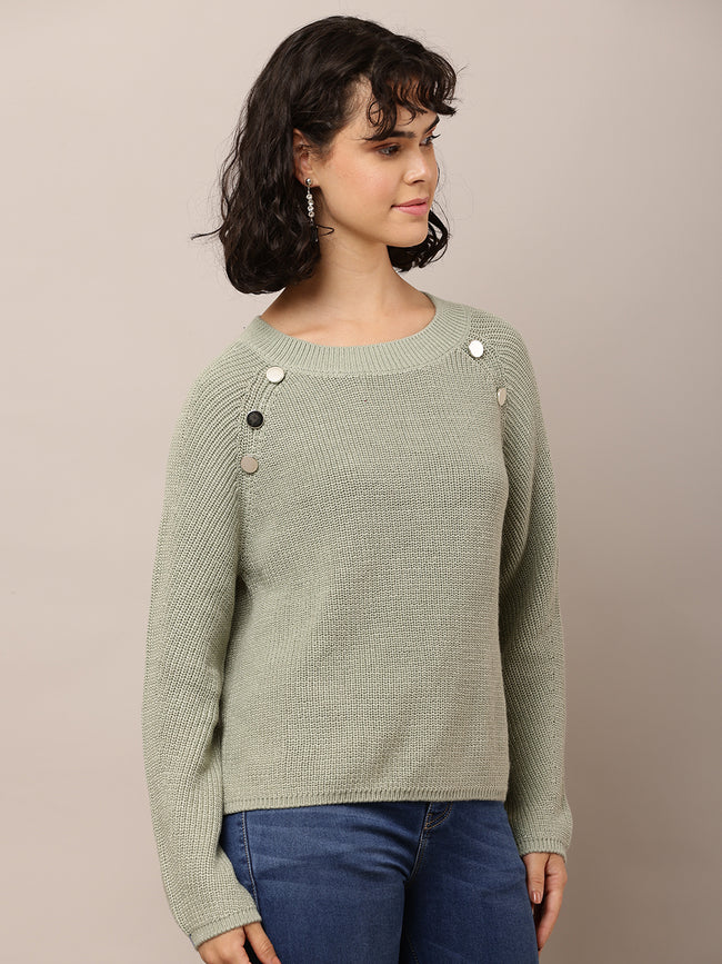 Women Sea Green Cotton Crew Neck Sweater