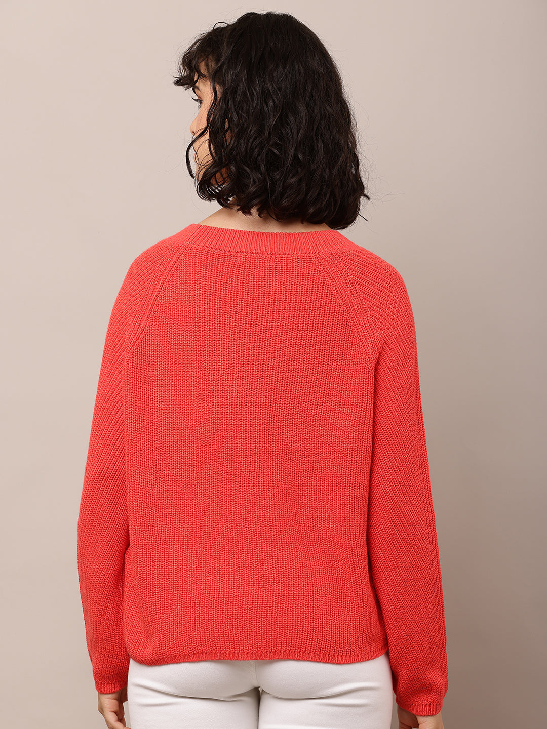 Women Red Cotton Crew Neck Sweater
