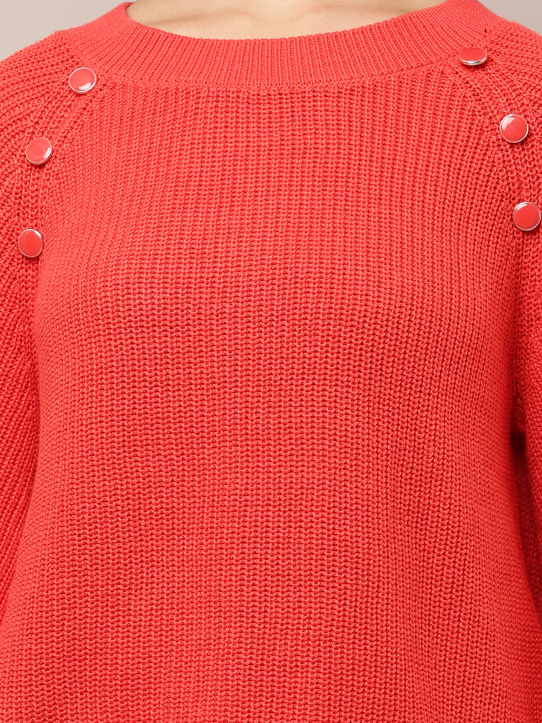Women Red Cotton Crew Neck Sweater