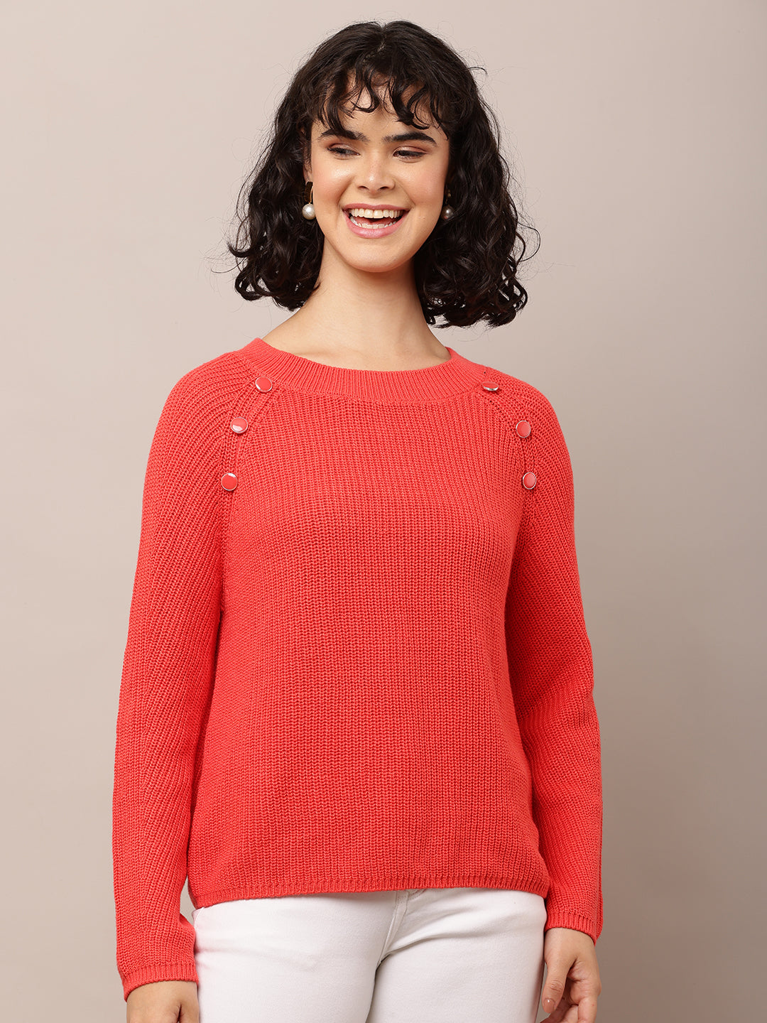 Women Red Cotton Crew Neck Sweater