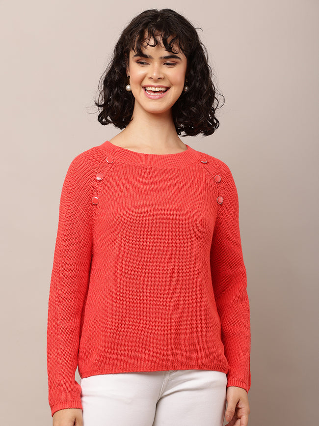 Women Red Cotton Crew Neck Sweater