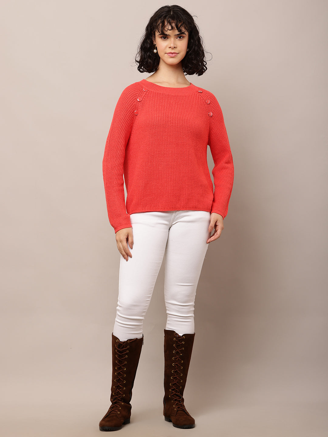 Women Red Cotton Crew Neck Sweater