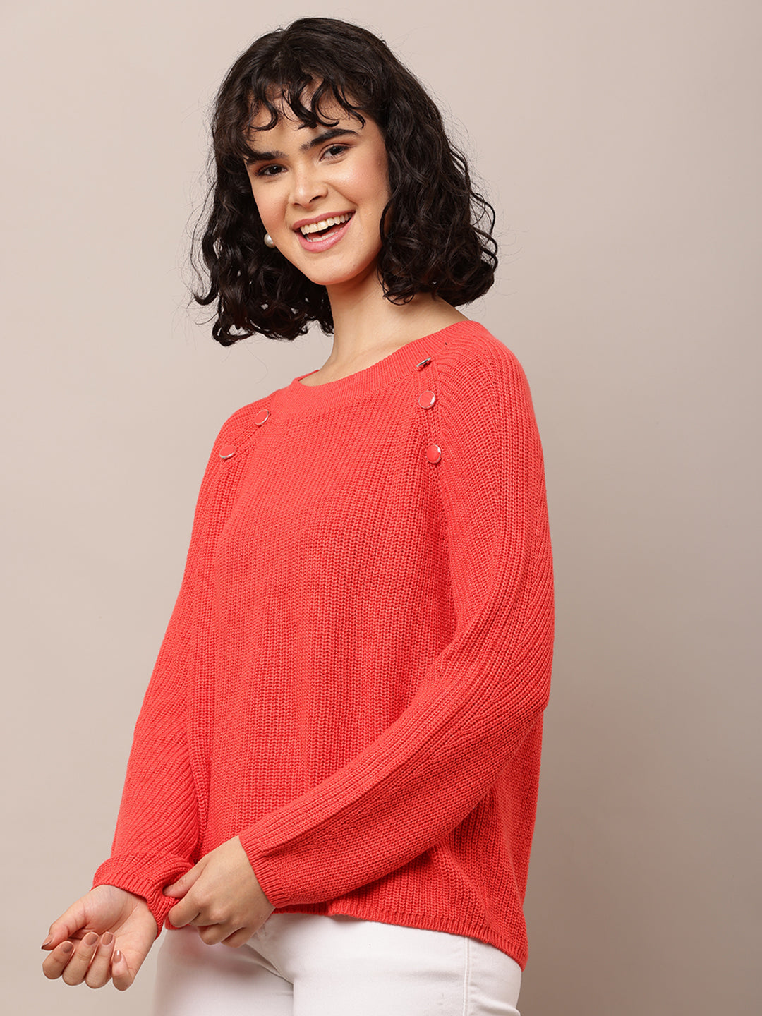 Women Red Cotton Crew Neck Sweater