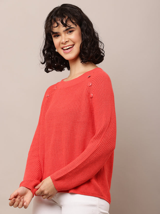 Women Red Cotton Crew Neck Sweater