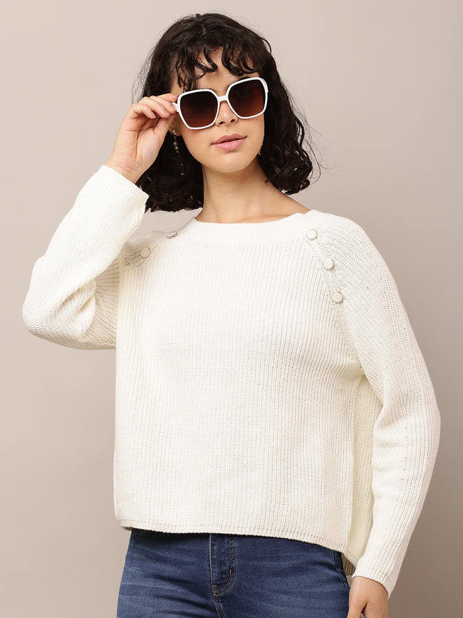 Women White Cotton Crew Neck Sweater