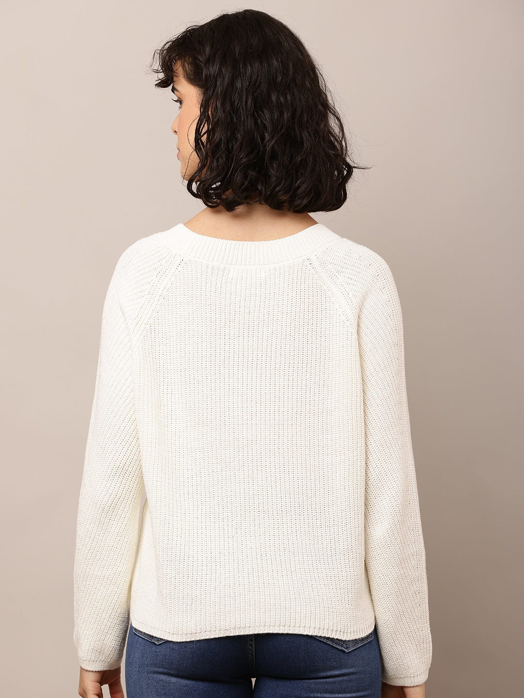 Women White Cotton Crew Neck Sweater