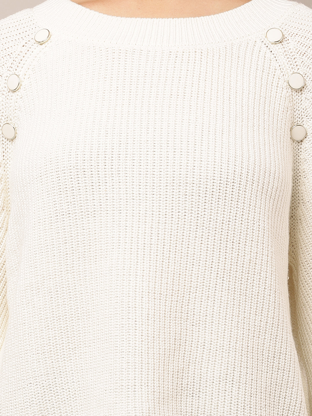 Women White Cotton Crew Neck Sweater