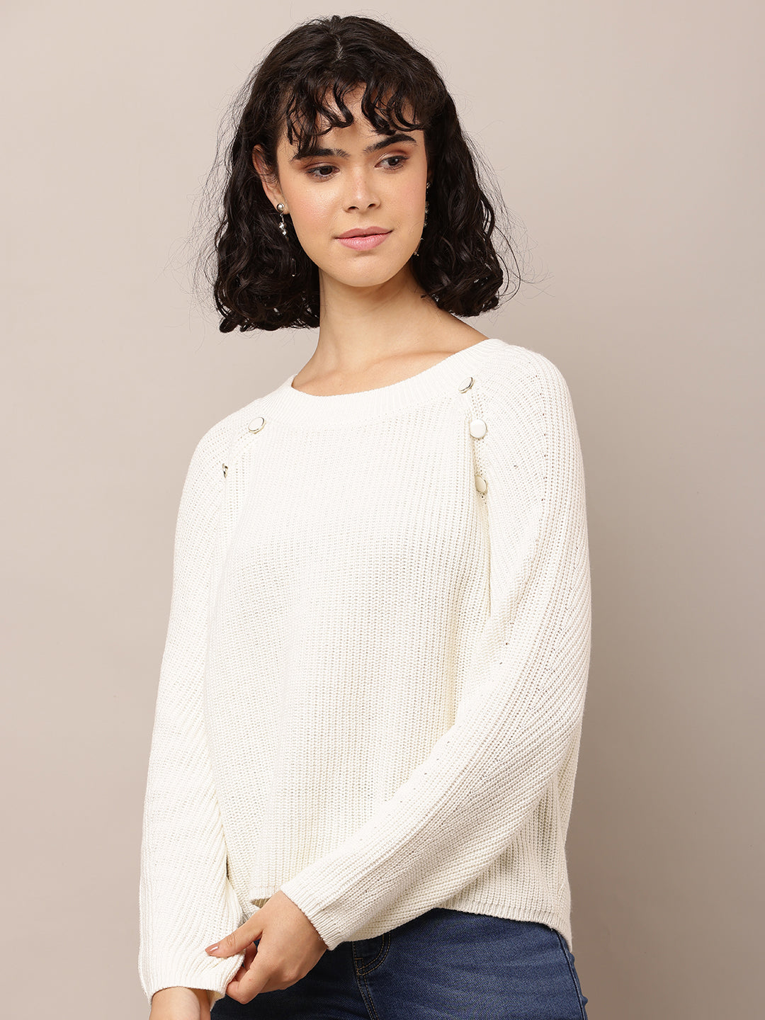 Women White Cotton Crew Neck Sweater