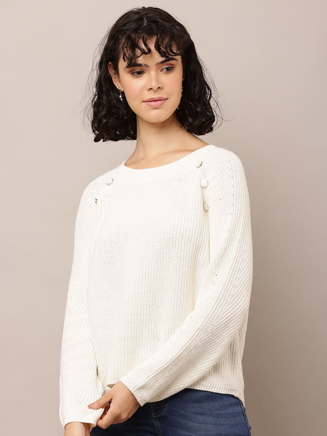 Women White Cotton Crew Neck Sweater