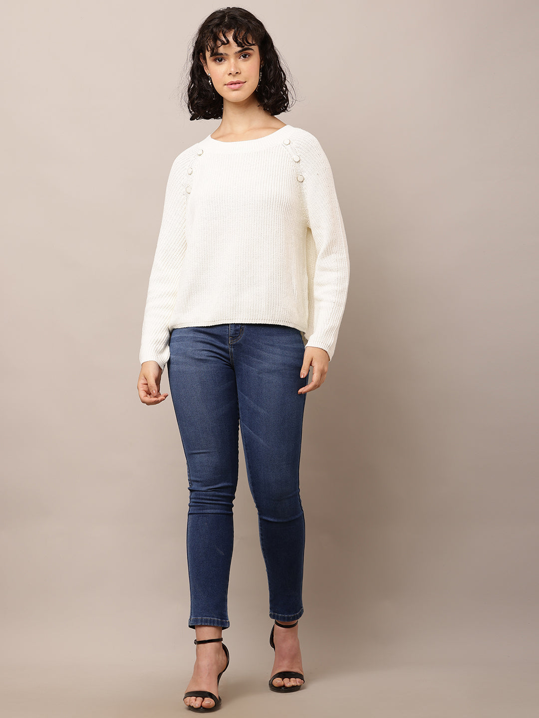 Women White Cotton Crew Neck Sweater