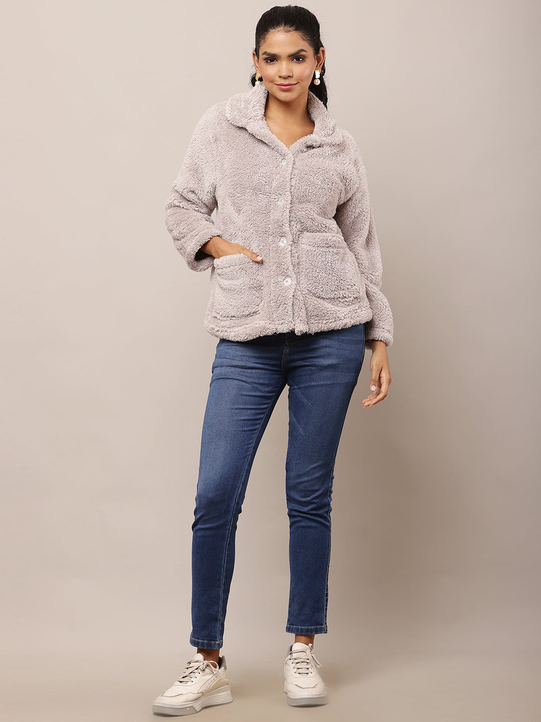 Women Grey Fleece Shirt Collar Jacket