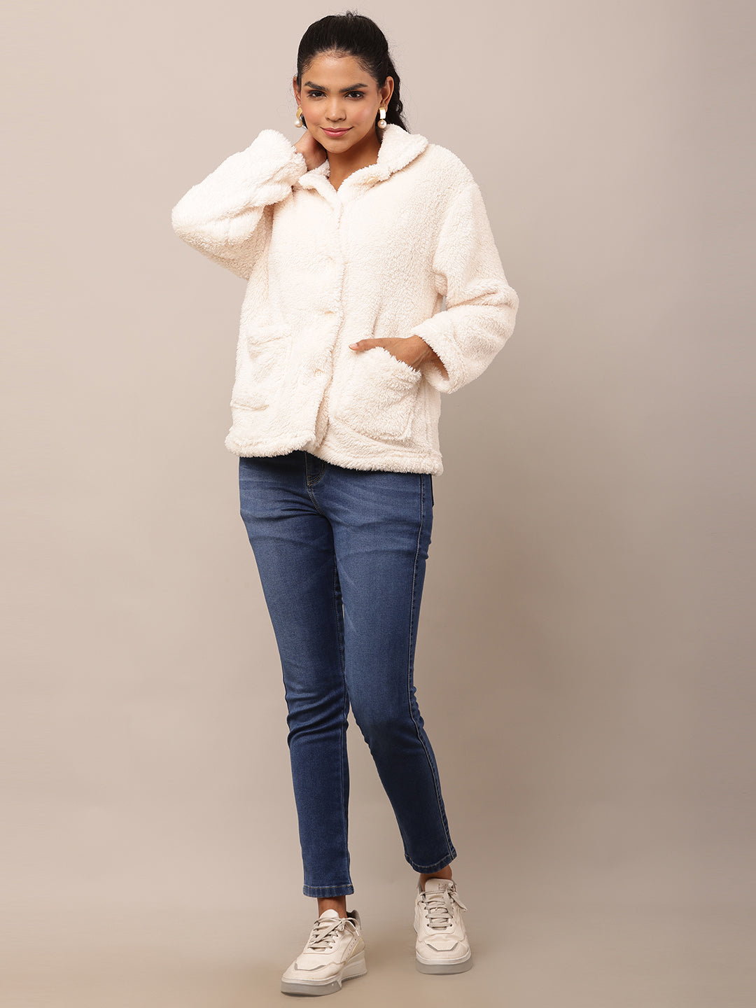 Women White Fleece Shirt Collar Jacket