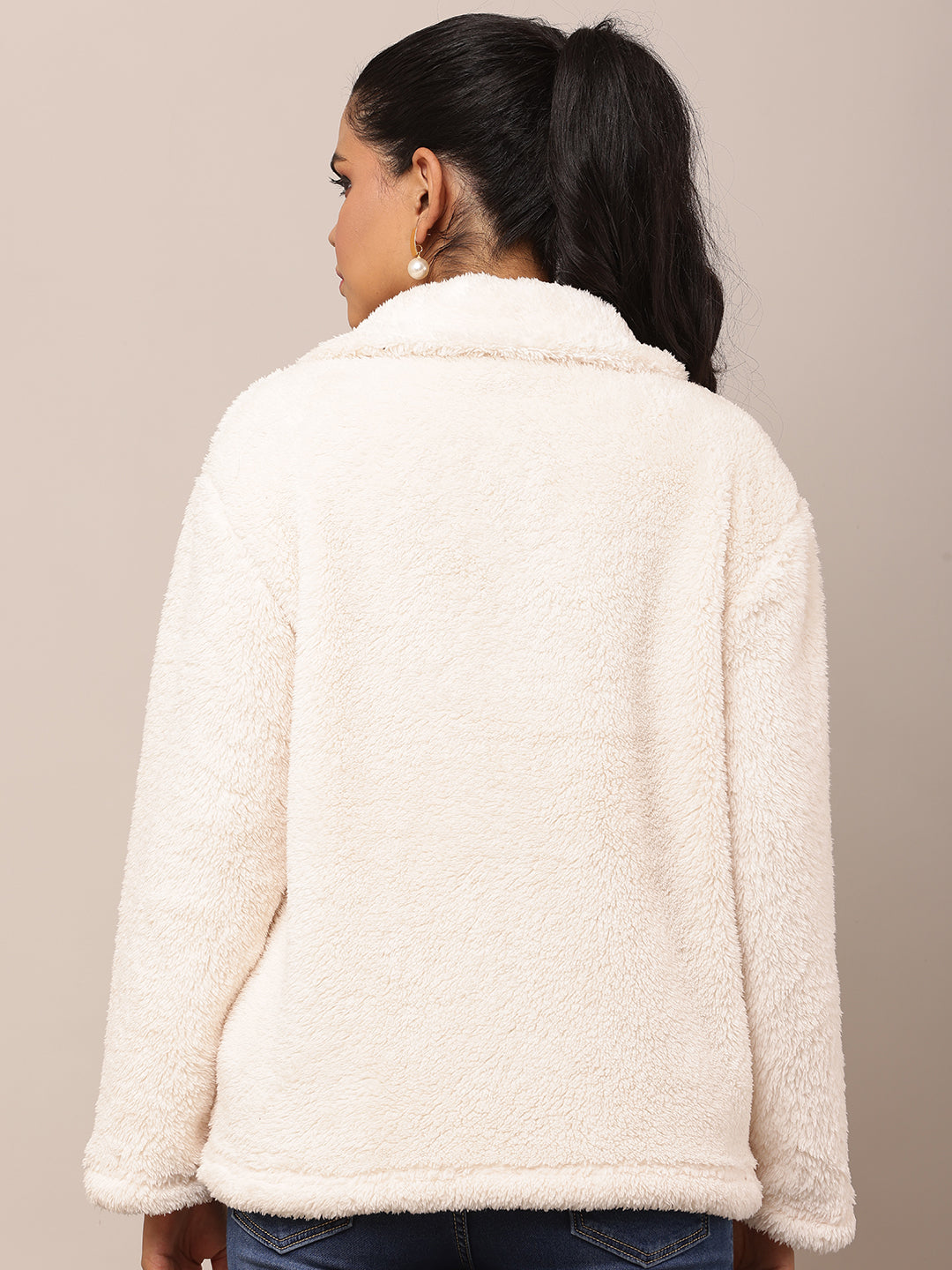 Women White Fleece Shirt Collar Jacket
